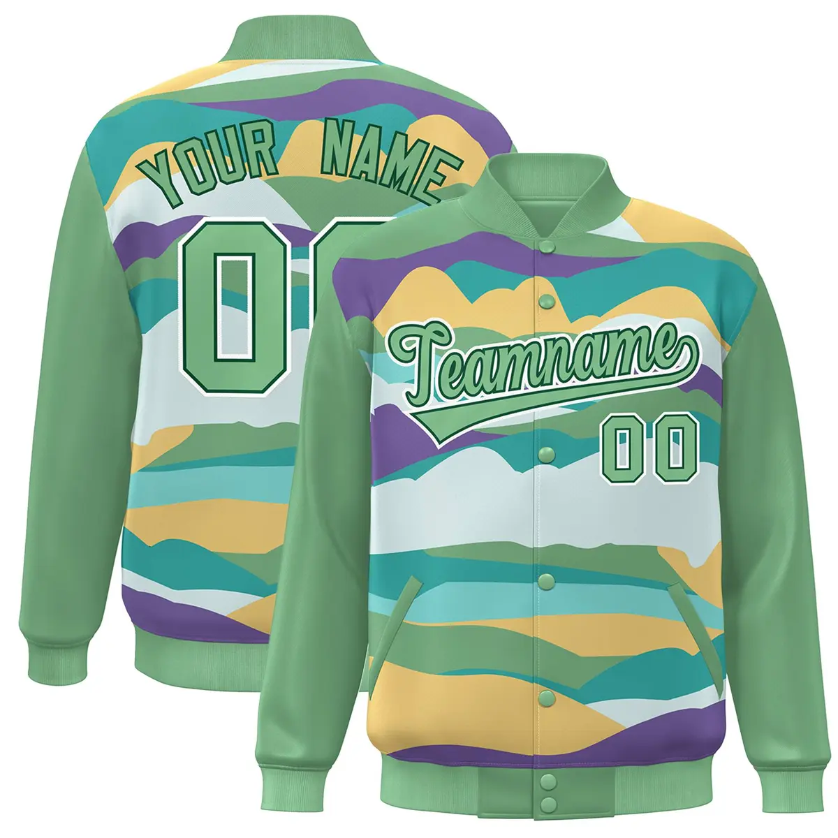 Green White Multi Clouds Graffiti Varsity Full-Snap Jacket