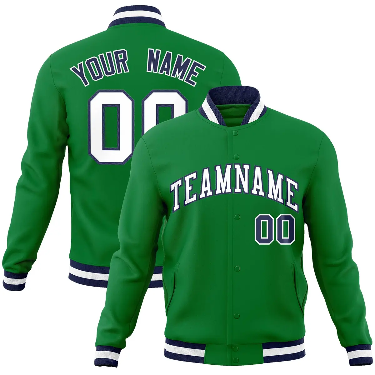 Green White-Navy Classic Varsity Full-Snap Letterman Jacket