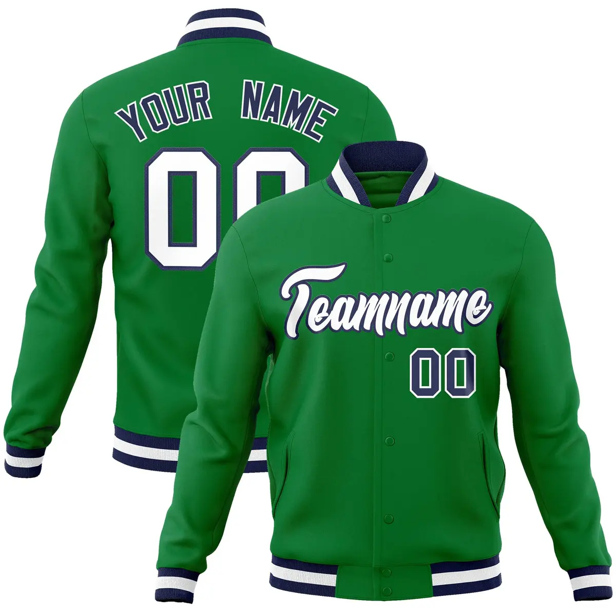 Green White-Navy Classic Varsity Full-Snap Letterman Jacket
