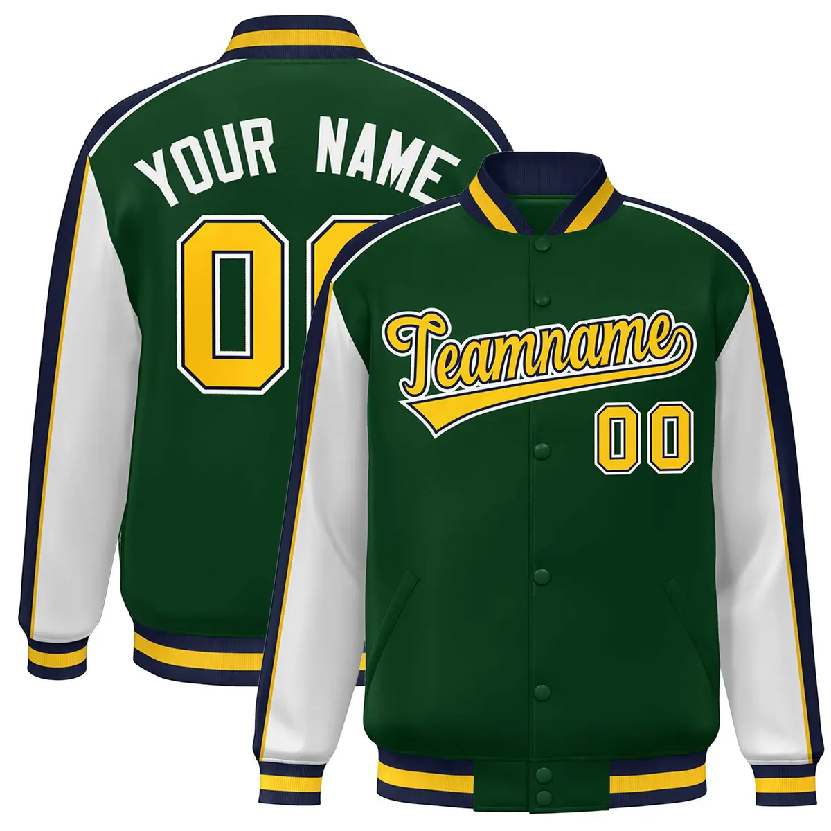 Green White-Navy Color Block Varsity Bomber Baseball Jacket