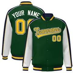 Green White-Navy Color Block Varsity Bomber Baseball Jacket