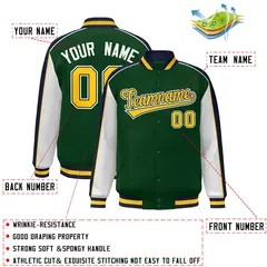 Green White-Navy Color Block Varsity Bomber Baseball Jacket 2