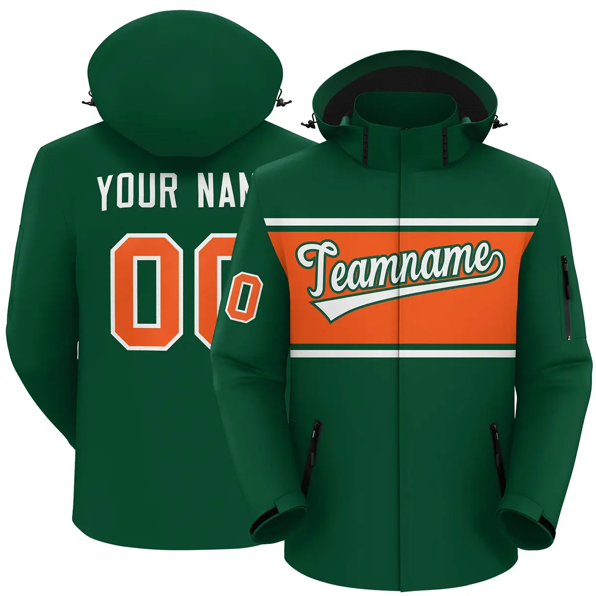 Green White Orange Color Block Hooded Waterproof Jacket