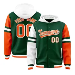 Green White-Orange Three Stripes Raglan Sleeves Varsity Full-Snap Letterman Jacket Hoodie