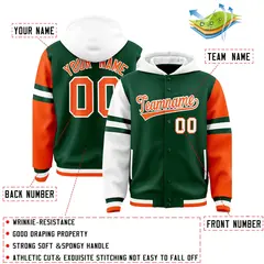 Green White-Orange Three Stripes Raglan Sleeves Varsity Full-Snap Letterman Jacket Hoodie 4