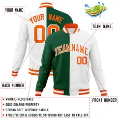 Green White-Orange Two Tone Split Varsity Full-Snap Letterman Jacket 4