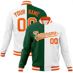 Green White-Orange Two Tone Split Varsity Full-Snap Letterman Jacket 1