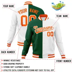 Green White-Orange Two Tone Split Varsity Full-Snap Letterman Jacket 4