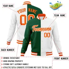 Green White-Orange Two Tone Split Varsity Full-Snap Letterman Jacket 4