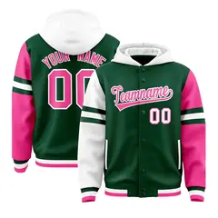 Green White-Pink Raglan Three Stripes Varsity Letterman Hoodie 1