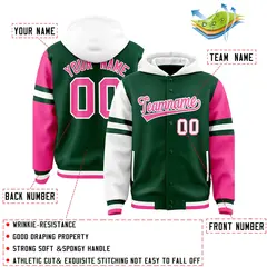 Green White-Pink Raglan Three Stripes Varsity Letterman Hoodie 4