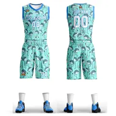 Green White-Powder Blue Graffiti Pattern Mesh Basketball Jersey Sets 1