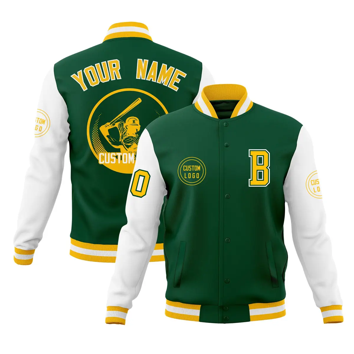 Green White Raglan Full-Snap Varsity Letterman Baseball Jacket