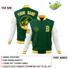 Green White Raglan Full-Snap Varsity Letterman Baseball Jacket 4