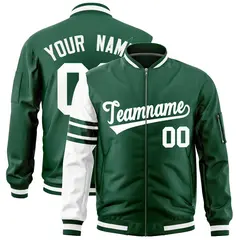 Green White Raglan Sleeves Stripe Varsity Full-Zip Letterman Bomber Jacket