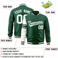 Green White Raglan Sleeves Stripe Varsity Full-Zip Letterman Bomber Jacket 2