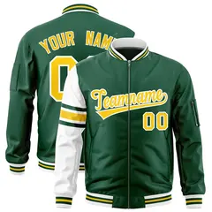 Green White Raglan Sleeves Stripe Varsity Full-Zip Letterman Bomber Jacket 1