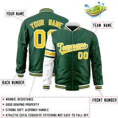 Green White Raglan Sleeves Stripe Varsity Full-Zip Letterman Bomber Jacket 2
