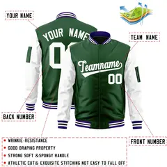 Green-White Raglan Sleeves Varsity Letterman Bomber Jacket 2