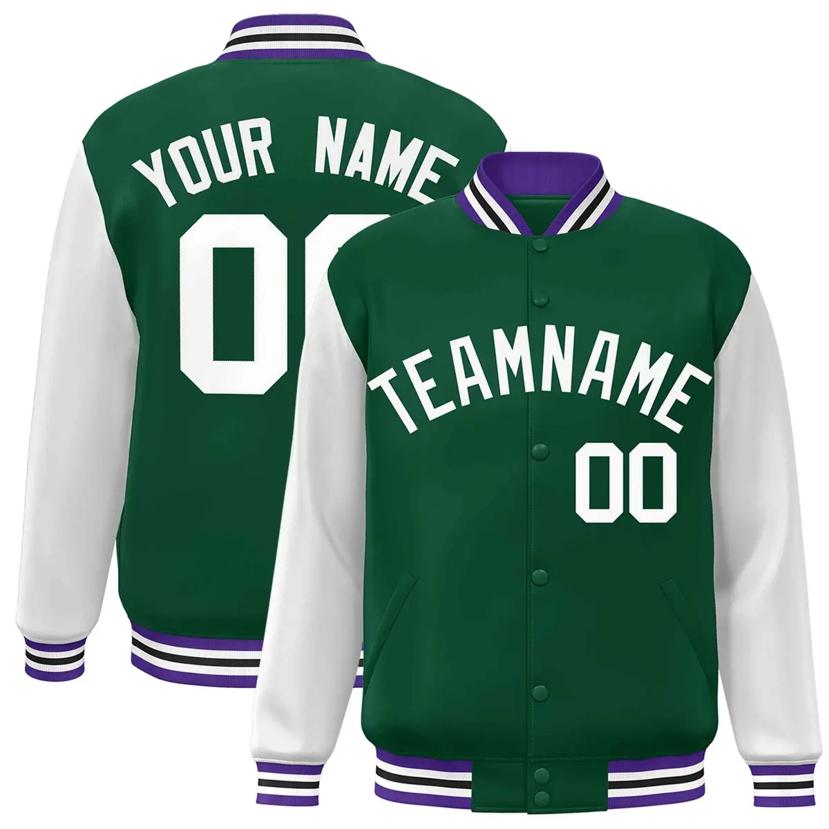 Green White Raglan Varsity Full-Snap Letterman Jacket