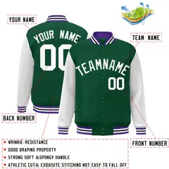 Green White Raglan Varsity Full-Snap Letterman Jacket 2