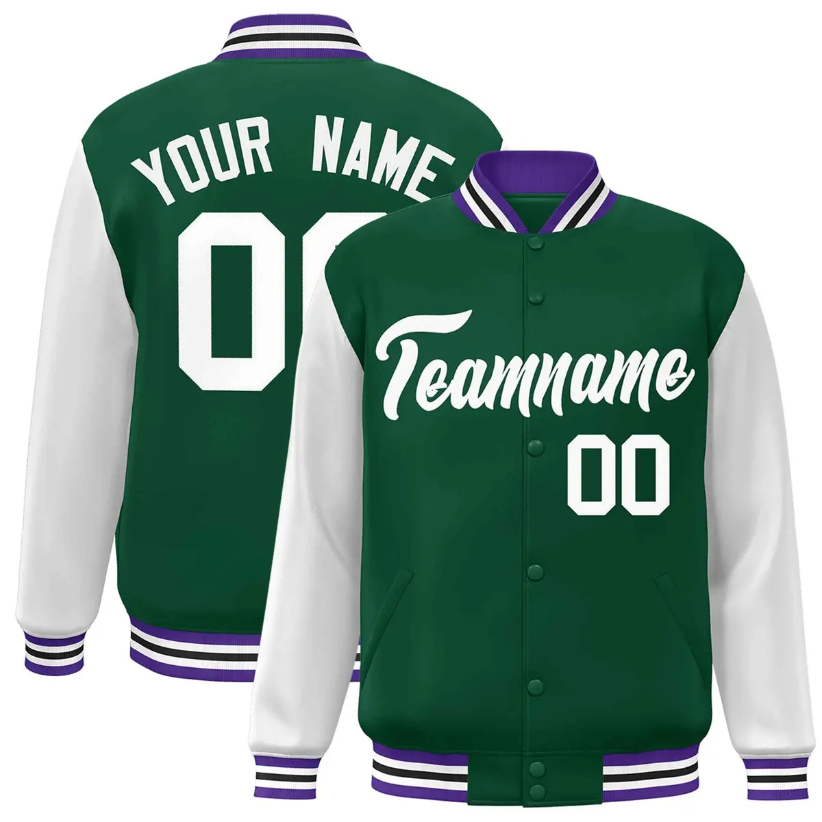 Green White Raglan Varsity Full-Snap Letterman Jacket