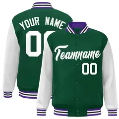 Green White Raglan Varsity Full-Snap Letterman Jacket