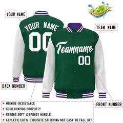 Green White Raglan Varsity Full-Snap Letterman Jacket 2