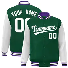 Green White Raglan Varsity Full-Snap Letterman Jacket