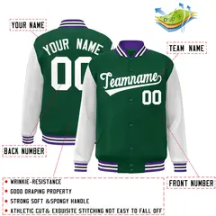 Green White Raglan Varsity Full-Snap Letterman Jacket 2