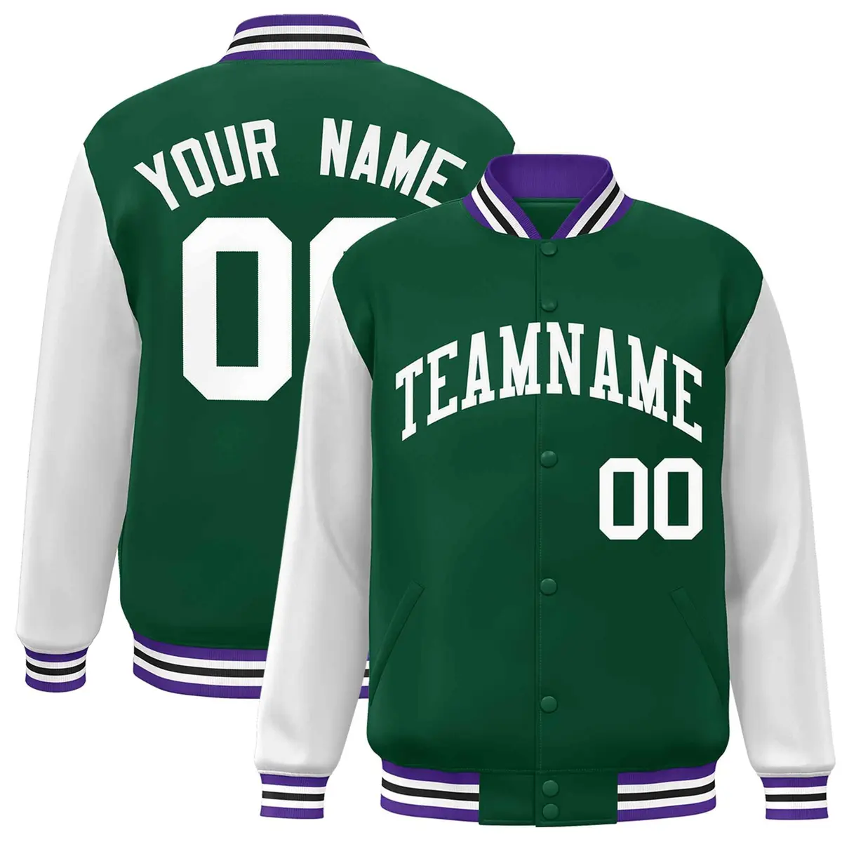 Green White Raglan Varsity Full-Snap Letterman Jacket