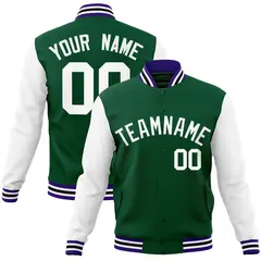 Green White Raglan Varsity Full-Snap Letterman Jacket