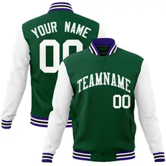 Green White Raglan Varsity Full-Snap Letterman Jacket