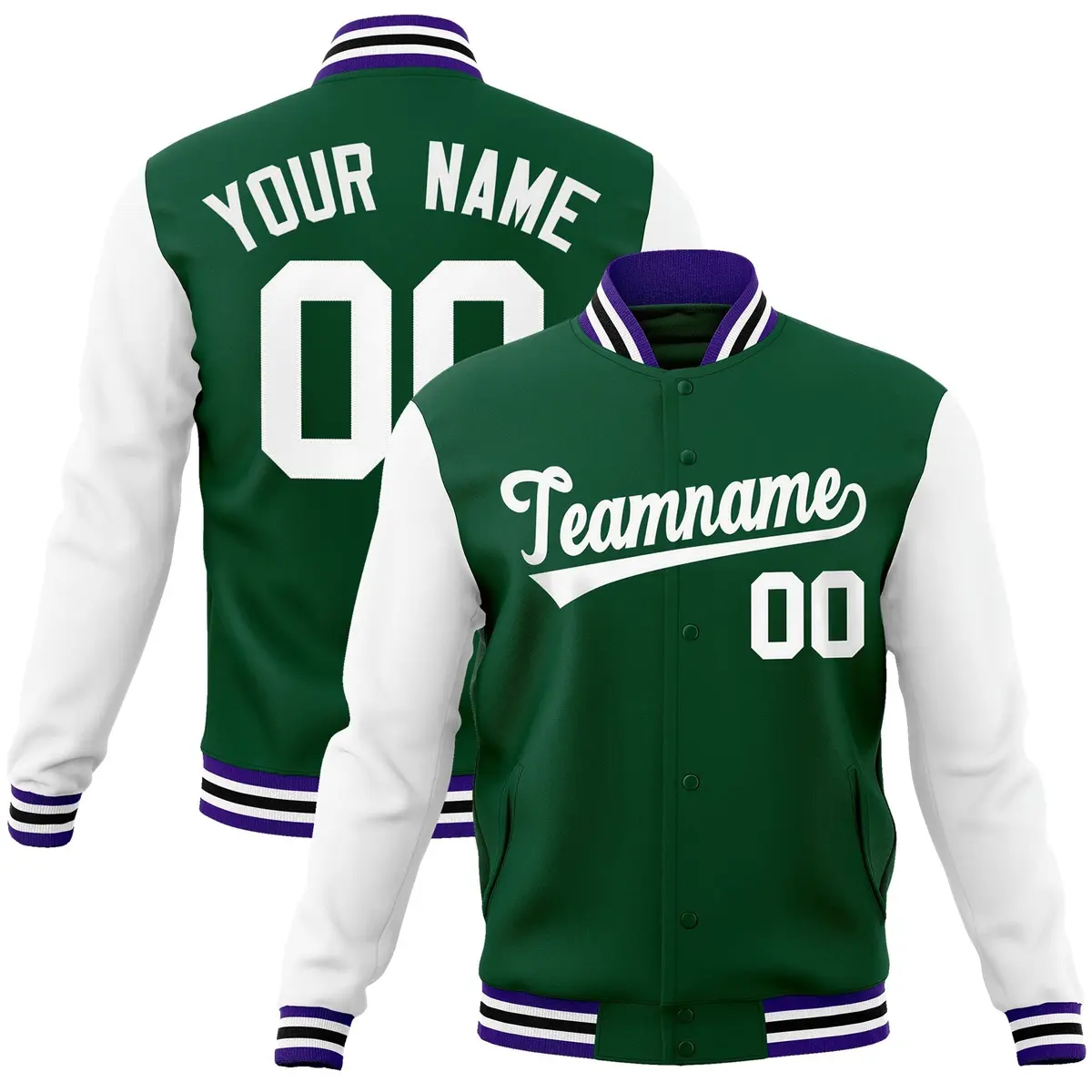Green White Raglan Varsity Full-Snap Letterman Jacket