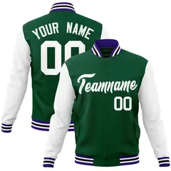 Green White Raglan Varsity Full-Snap Letterman Jacket