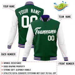 Green White Raglan Varsity Full-Snap Letterman Jacket 4
