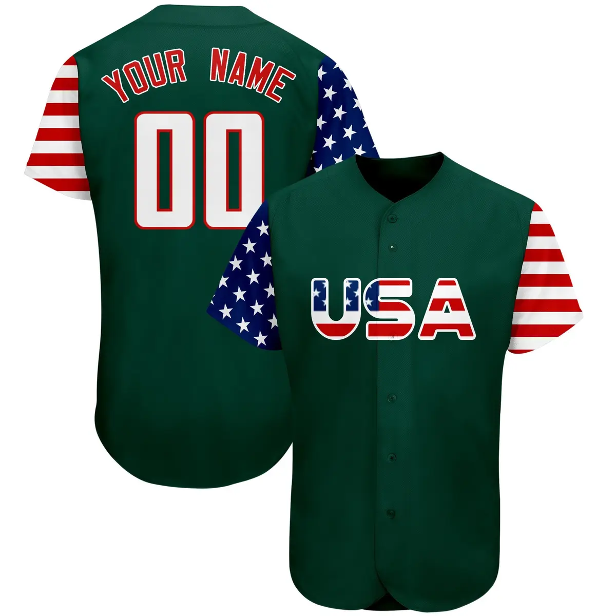 Green White-Red American Flag Baseball Jersey