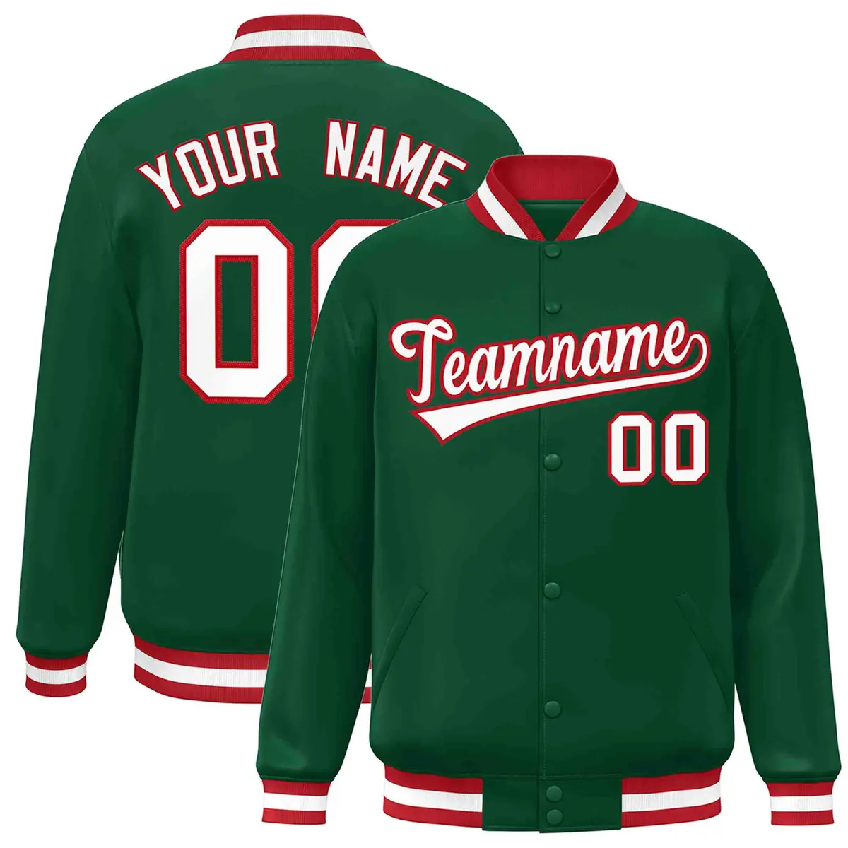 Green White-Red Classic Varsity Full-Snap Letterman Jacket