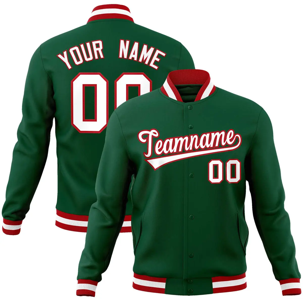 Green White-Red Classic Varsity Full-Snap Letterman Jacket