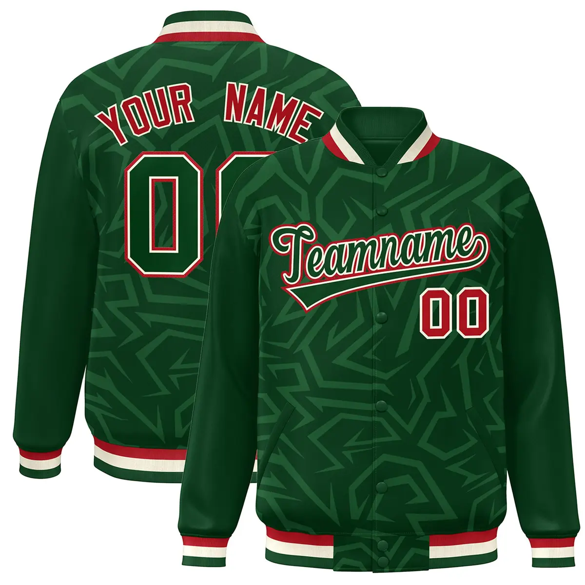 Green White-Red Stripe Graffiti Pattern Varsity Full-Snap Jacket