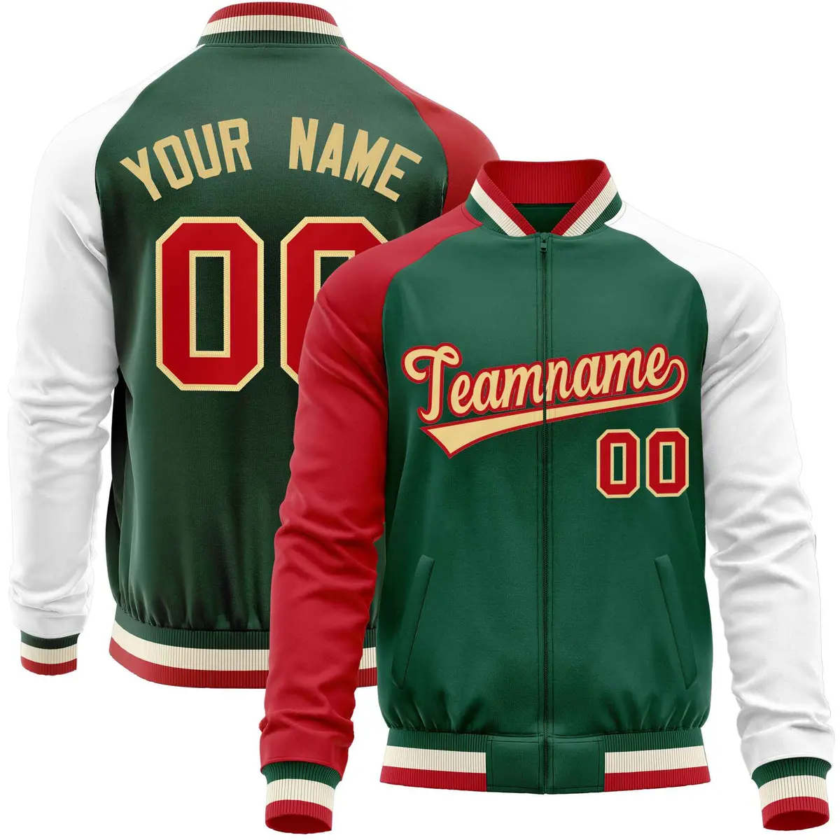 Green White-Red Varsity Full-Zip Raglan Letterman Baseball Jacket