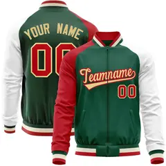 Green White-Red Varsity Full-Zip Raglan Letterman Baseball Jacket