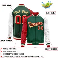 Green White-Red Varsity Full-Zip Raglan Letterman Baseball Jacket 4