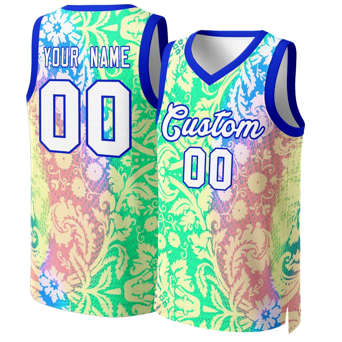 Green White-Royal Graffiti Pattern Mesh Basketball Jersey