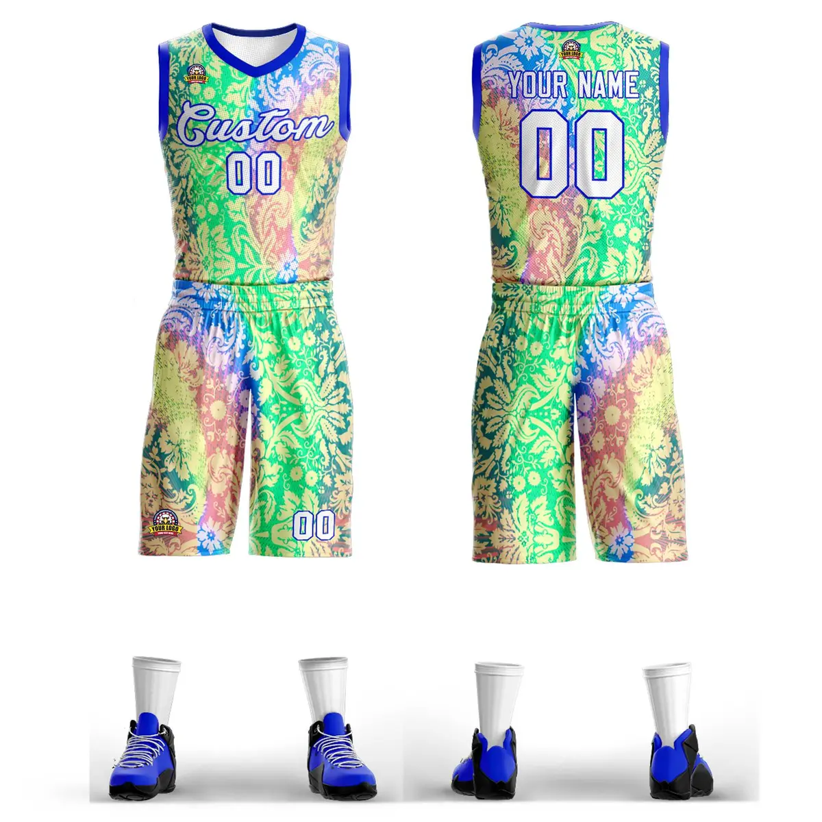 Green White-Royal Graffiti Pattern Mesh Basketball Jersey