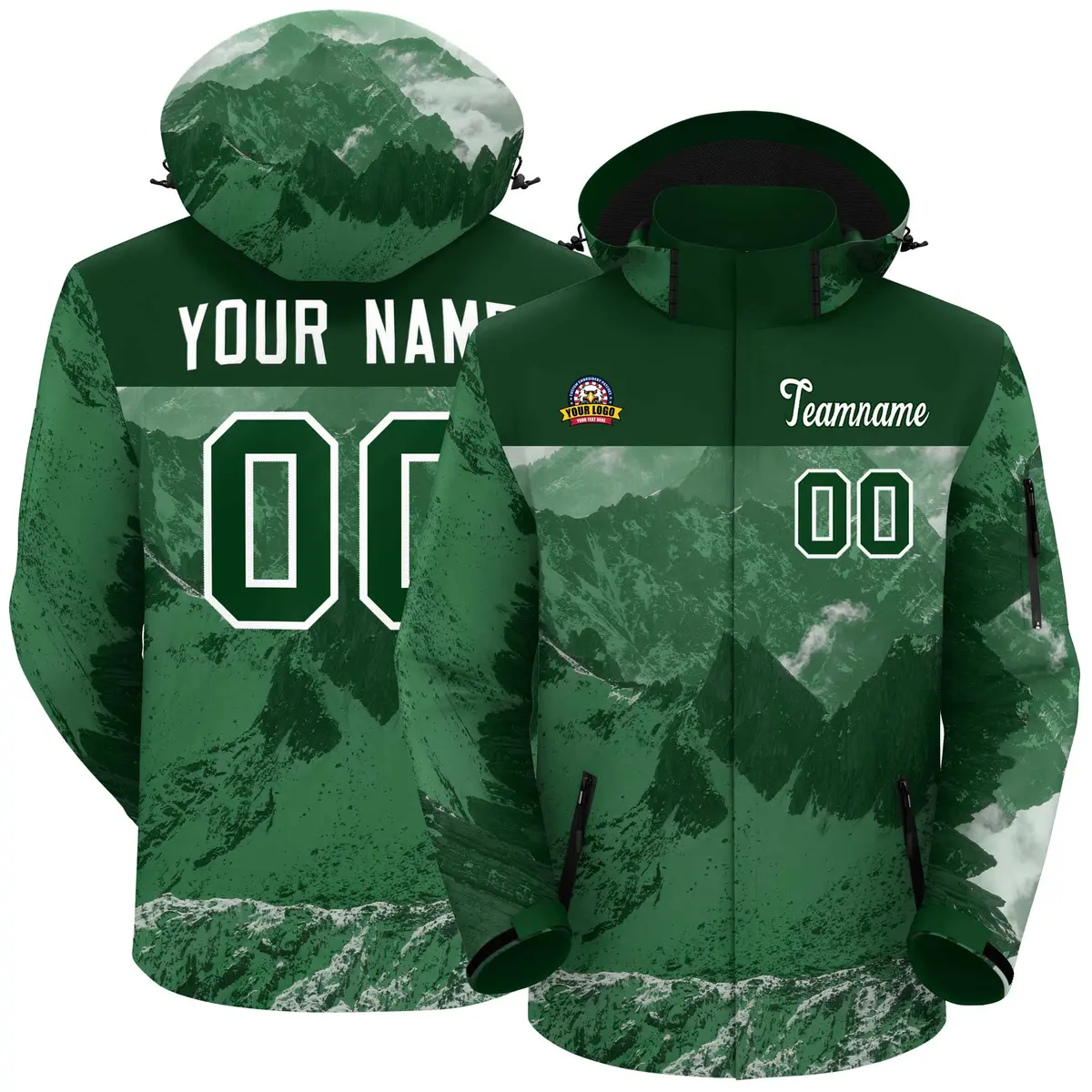 Green White Snow Mountain Graffiti Hooded Waterproof Jacket