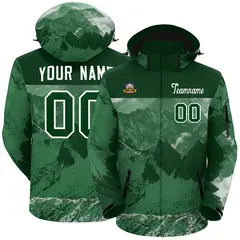 Green White Snow Mountain Graffiti Hooded Waterproof Jacket