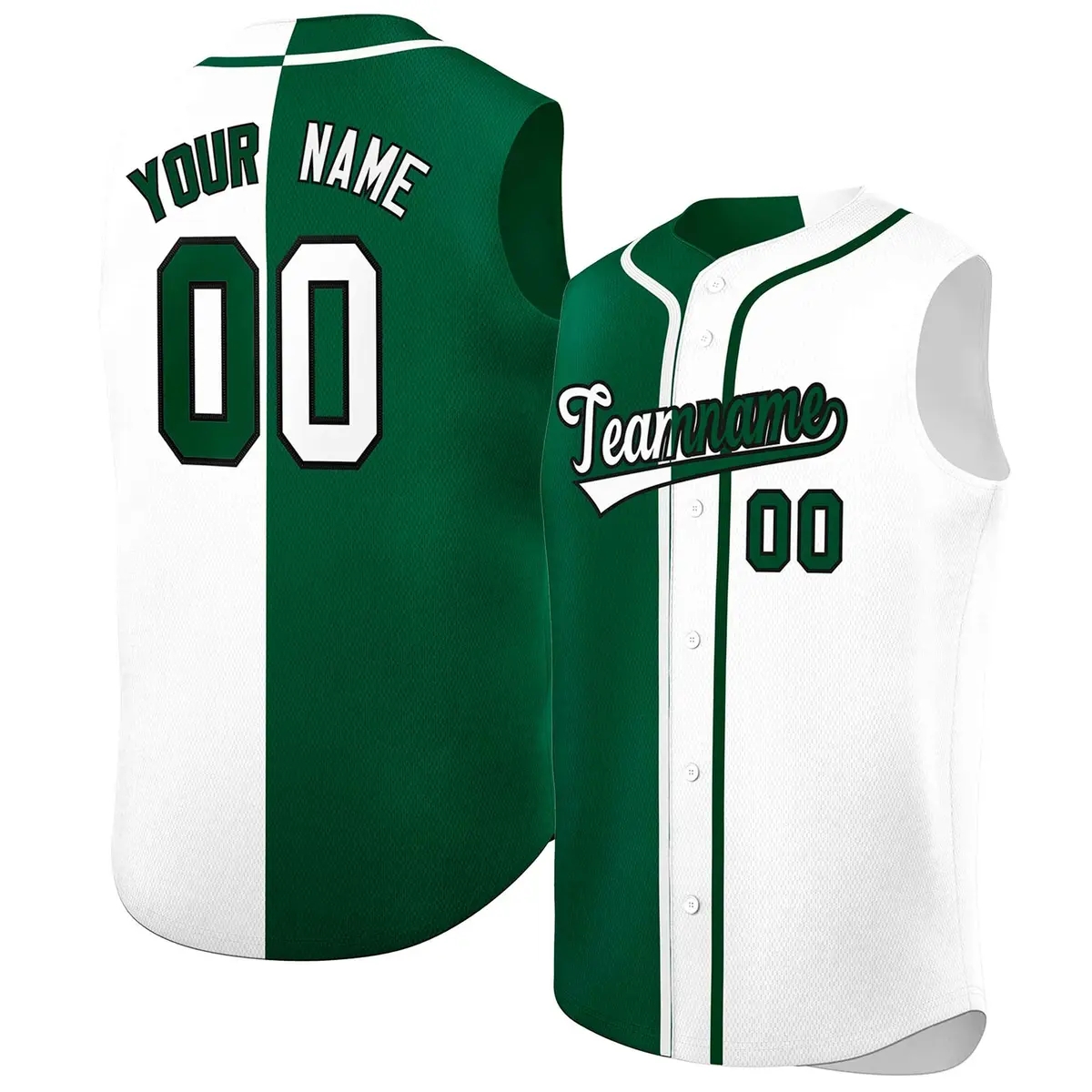 Green White Split-Design Sleeveless Baseball Jersey