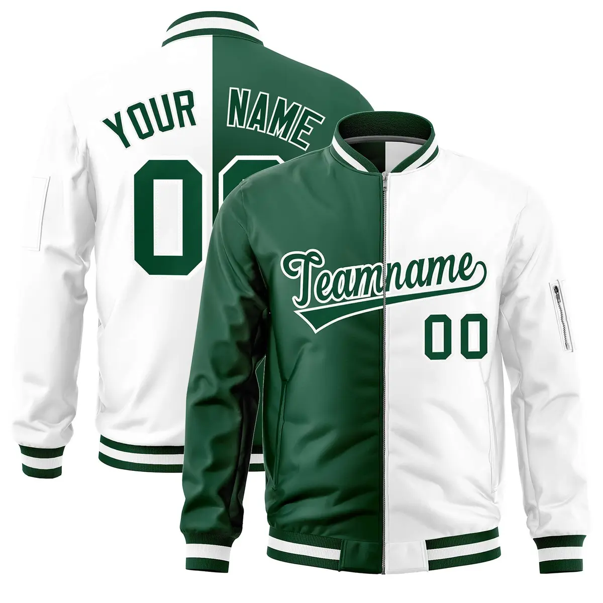 Green White Split Two Tone Full-Zip Letterman Bomber Jacket