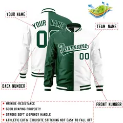 Green White Split Two Tone Full-Zip Letterman Bomber Jacket 2
